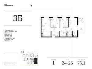 3-к квартира, вторичка, 75м2, 24/25 этаж