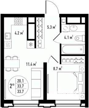 2-к квартира, вторичка, 34м2, 22/24 этаж
