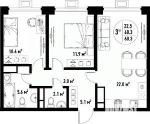 3-к квартира, вторичка, 60м2, 25/25 этаж