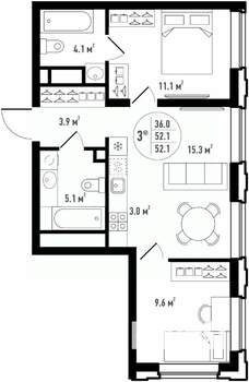 3-к квартира, вторичка, 52м2, 8/24 этаж