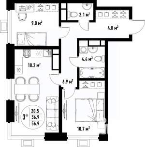 3-к квартира, вторичка, 57м2, 7/25 этаж