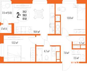 2-к квартира, вторичка, 62м2, 3/18 этаж