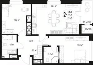 2-к квартира, вторичка, 68м2, 3/17 этаж