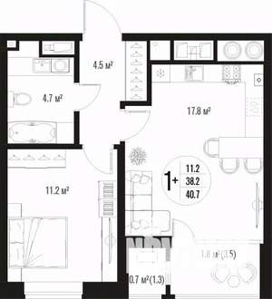 1-к квартира, вторичка, 41м2, 3/17 этаж