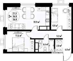 3-к квартира, вторичка, 57м2, 9/25 этаж