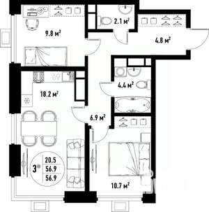 3-к квартира, вторичка, 57м2, 15/25 этаж