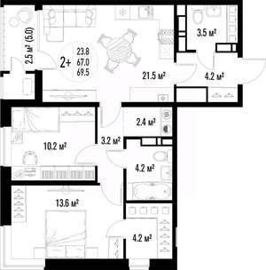 2-к квартира, вторичка, 70м2, 23/25 этаж