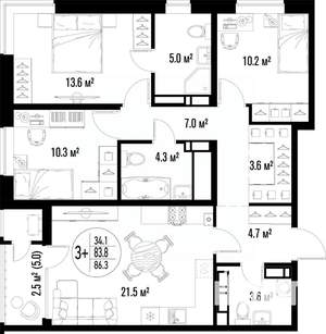 3-к квартира, строящийся дом, 86м2, 20/25 этаж