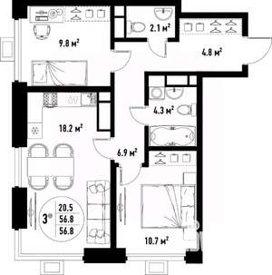 3-к квартира, вторичка, 57м2, 19/25 этаж