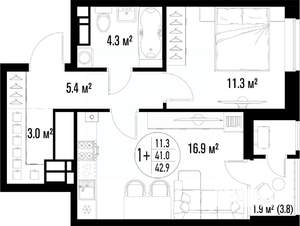 1-к квартира, строящийся дом, 43м2, 14/25 этаж