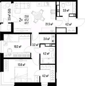 2-к квартира, строящийся дом, 70м2, 12/25 этаж