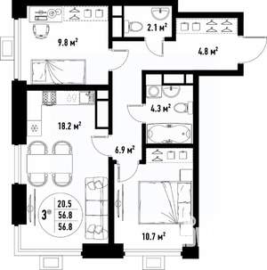 3-к квартира, вторичка, 57м2, 23/25 этаж
