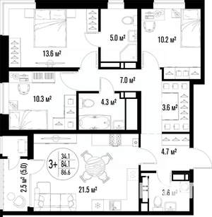 3-к квартира, строящийся дом, 87м2, 6/25 этаж