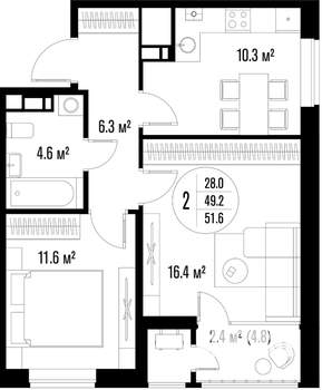 2-к квартира, вторичка, 52м2, 18/18 этаж