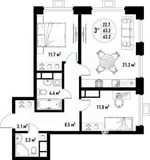 3-к квартира, вторичка, 63м2, 7/25 этаж