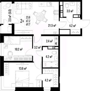 2-к квартира, вторичка, 70м2, 12/25 этаж