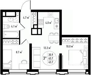 3-к квартира, вторичка, 44м2, 12/24 этаж