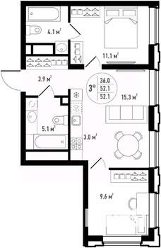 3-к квартира, вторичка, 52м2, 18/24 этаж