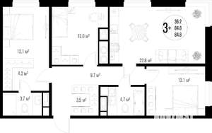 3-к квартира, строящийся дом, 85м2, 3/18 этаж