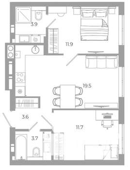 2-к квартира, вторичка, 54м2, 22/25 этаж