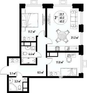 3-к квартира, вторичка, 63м2, 4/25 этаж