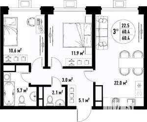 3-к квартира, вторичка, 60м2, 6/25 этаж