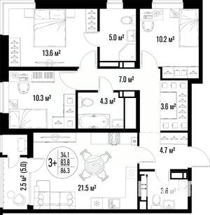 3-к квартира, вторичка, 86м2, 23/25 этаж