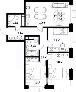 4-к квартира, вторичка, 77м2, 17/25 этаж