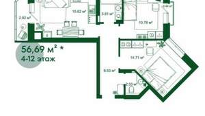 2-к квартира, вторичка, 59м2, 5/18 этаж