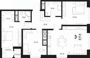 3-к квартира, вторичка, 88м2, 15/17 этаж