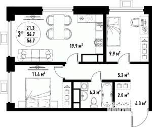 3-к квартира, вторичка, 57м2, 19/25 этаж