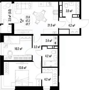 2-к квартира, строящийся дом, 70м2, 10/25 этаж