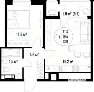 1-к квартира, вторичка, 43м2, 23/25 этаж