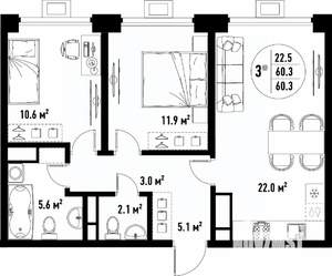 3-к квартира, вторичка, 60м2, 22/25 этаж