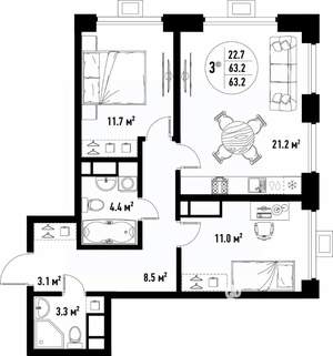 3-к квартира, вторичка, 63м2, 6/25 этаж