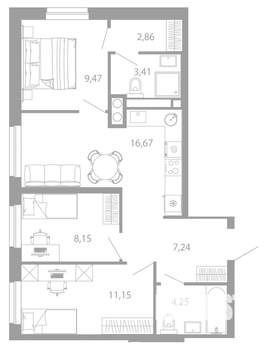 3-к квартира, вторичка, 63м2, 17/26 этаж