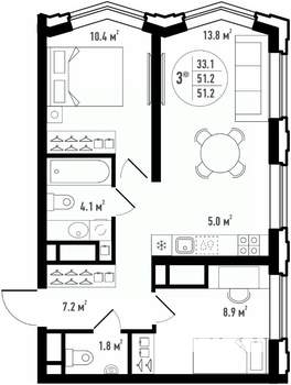 3-к квартира, вторичка, 51м2, 23/24 этаж