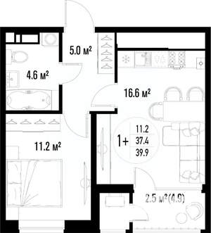 1-к квартира, вторичка, 40м2, 21/25 этаж