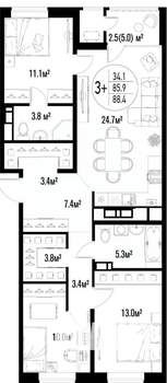 3-к квартира, вторичка, 88м2, 15/20 этаж