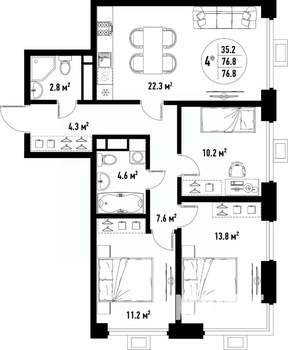 4-к квартира, вторичка, 77м2, 13/25 этаж
