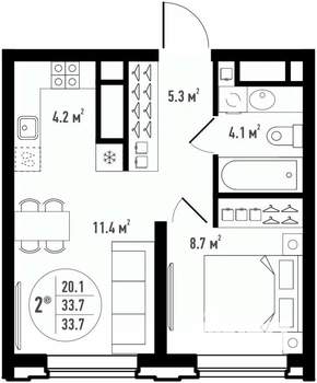 2-к квартира, вторичка, 34м2, 4/24 этаж