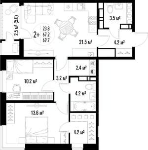 2-к квартира, вторичка, 70м2, 6/25 этаж