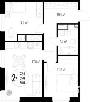 2-к квартира, строящийся дом, 55м2, 7/18 этаж