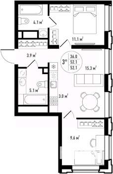 3-к квартира, вторичка, 52м2, 15/24 этаж