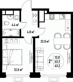2-к квартира, вторичка, 43м2, 8/25 этаж