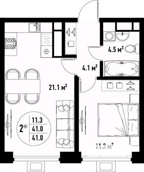 2-к квартира, вторичка, 41м2, 13/25 этаж