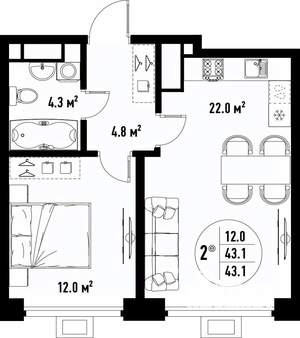 2-к квартира, вторичка, 43м2, 22/25 этаж
