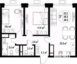 3-к квартира, вторичка, 60м2, 24/25 этаж
