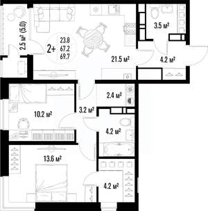 2-к квартира, строящийся дом, 70м2, 16/25 этаж