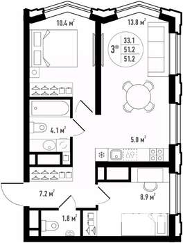 3-к квартира, вторичка, 51м2, 18/24 этаж